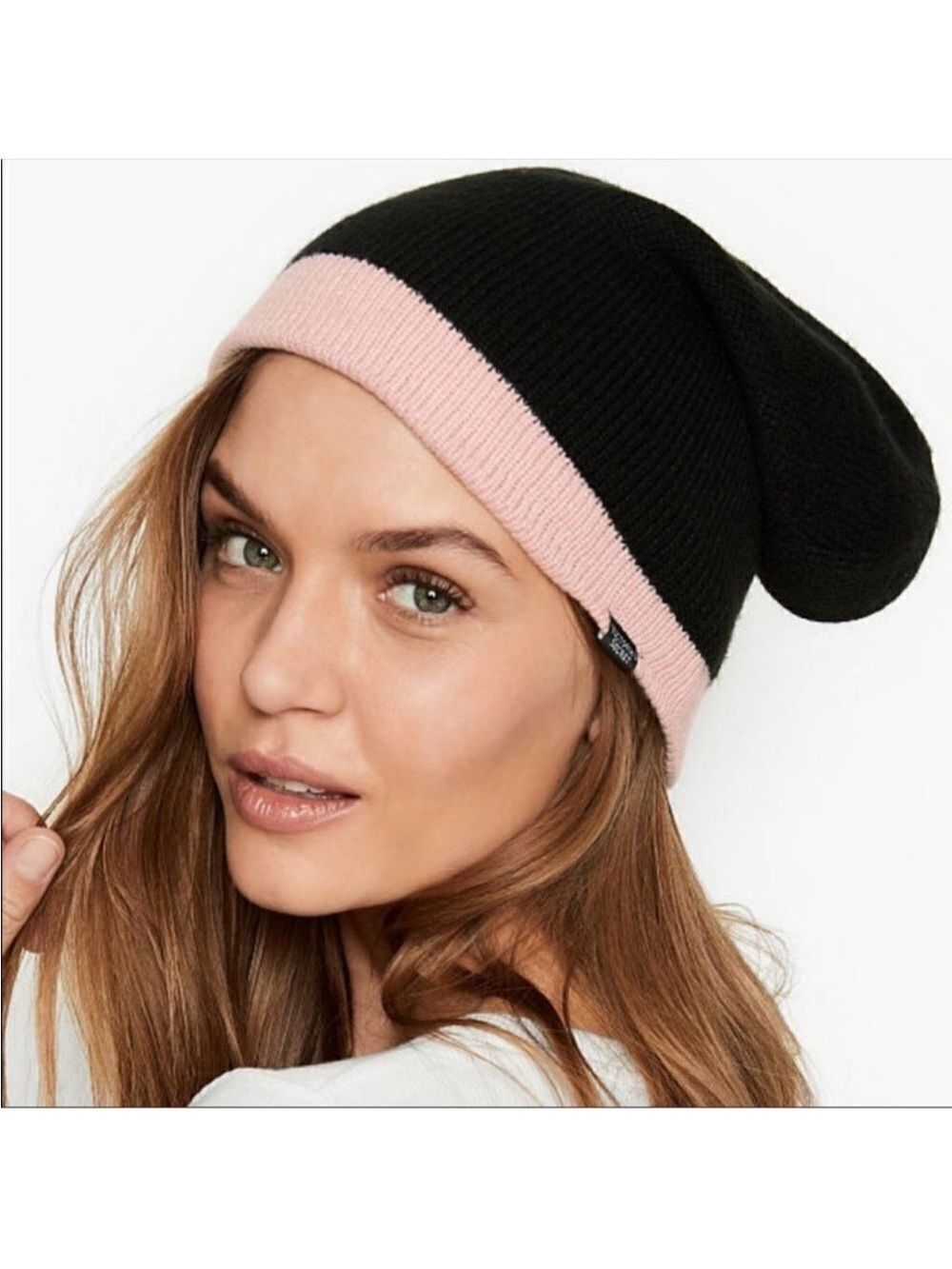 VS Black Pink Reversible Knit Beanie in Signature Stripe
